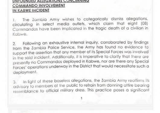 Commandos not involved in Kabwe murder – Zambia Army