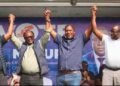 PeP president Chanda Katotobwe (left) and independent Roma parliamentary candidate Sean Tembo (second from right) endorse National Reconciliation Party for Unity and Prosperity (NRPUP) presidential candidate Brian Mundubile (second from left) and running mate Makebi Zulu (right) at a mega campaign rally in Kawambwa District, Luapula Province, at the weekend. Picture courtesy of PeP.