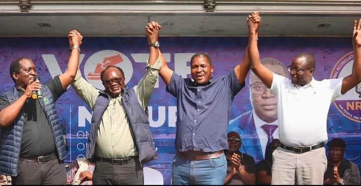 PeP president Chanda Katotobwe (left) and independent Roma parliamentary candidate Sean Tembo (second from right) endorse National Reconciliation Party for Unity and Prosperity (NRPUP) presidential candidate Brian Mundubile (second from left) and running mate Makebi Zulu (right) at a mega campaign rally in Kawambwa District, Luapula Province, at the weekend. Picture courtesy of PeP.